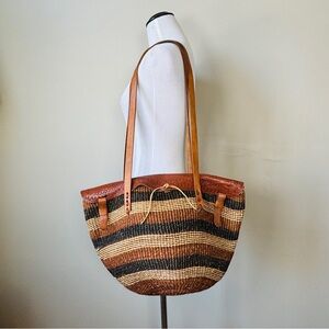 Vintage Sisal Market Jute Leather Flap Tote Bag Large Ethnic Boho Brown Black
